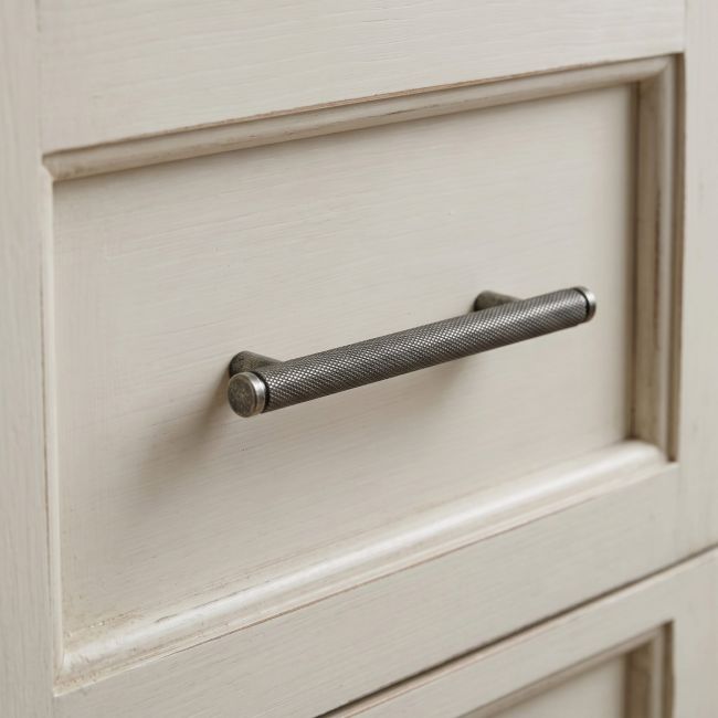 The Small Knurled Cabinet Pull Handle in Pewter Shown Upright on a White Background