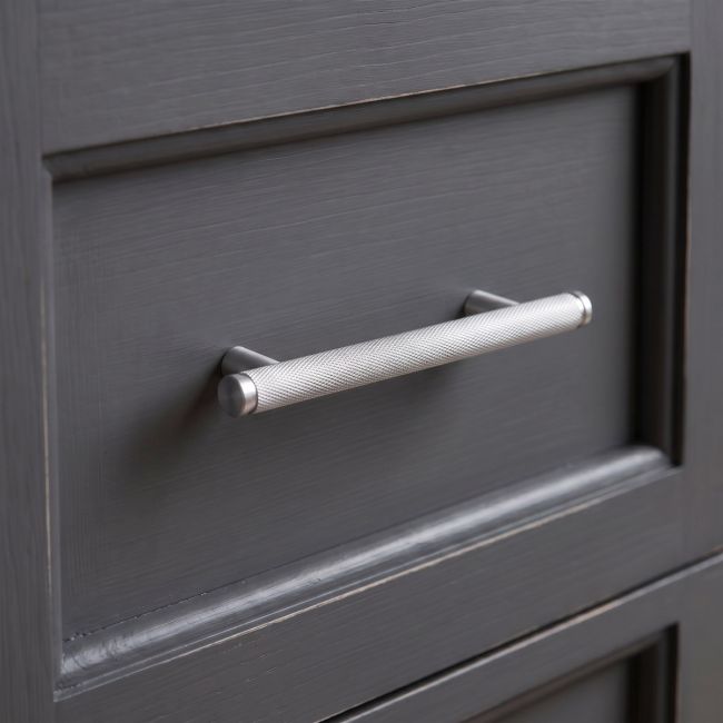 The Small Knurled Cabinet Pull Handle in Satin Chrome Shown Upright on a White Background