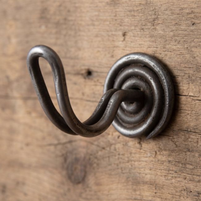 The Spiral Wire Cup Hook in Antique Iron - 50mm Mounted on Natural Wood - Digital Illustration