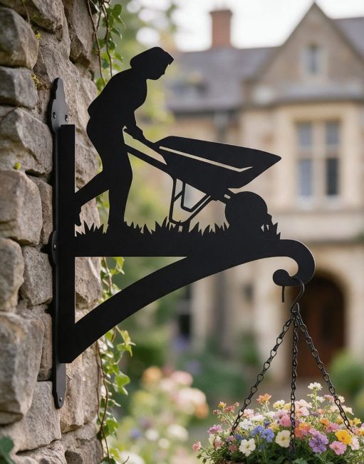 Steel Female Gardener with Wheelbarrow Hanging Basket Bracket