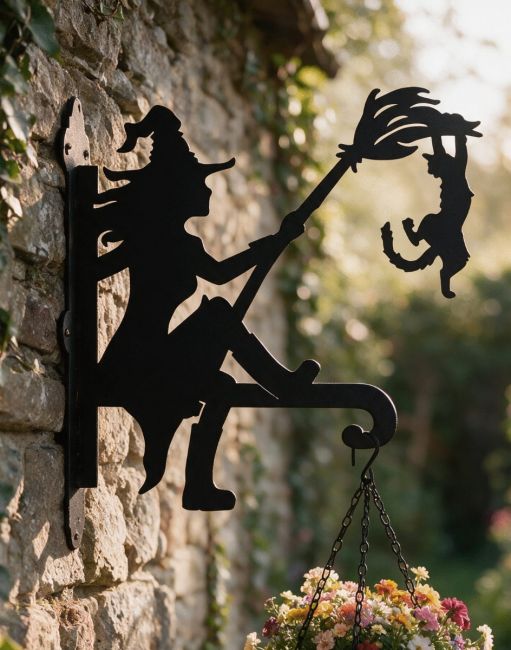 Steel Witch with Cat Hanging Basket Bracket