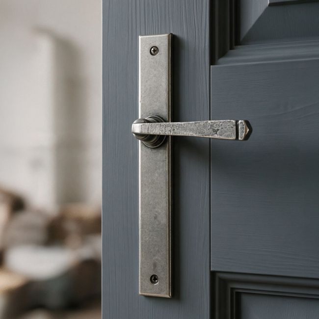 The Tapered Slimline Lever Espagnolette Door Latch in Pewter on a White Background
