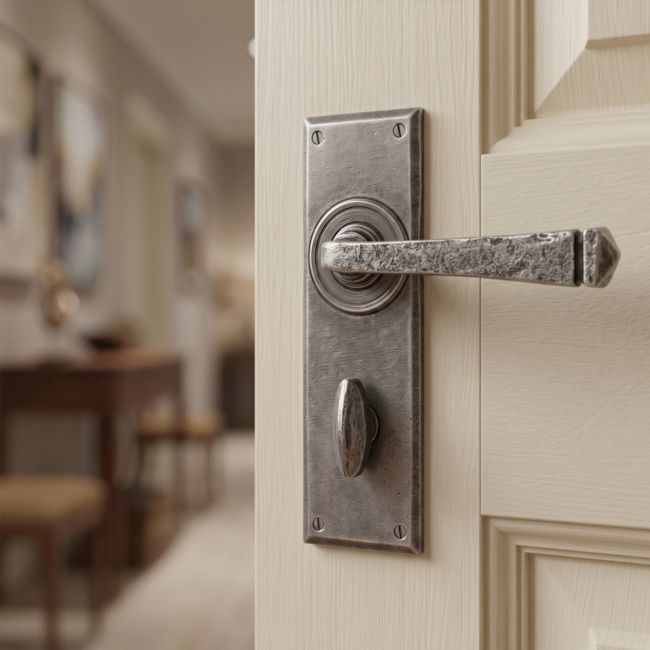 The Thornton Pewter Finish Lever Handle With Thumb Lock Mounted on a Classic Cream Coloured Door - Digital Illustration