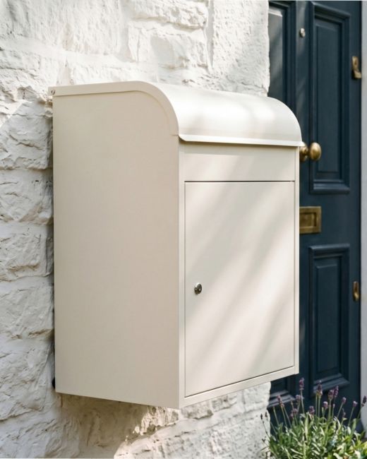 The "Titan" Medium Wall Mounted Parcel Box Steel in Cream Displayed on a White Brick Wall on a Country Cottage - Digital Illustration