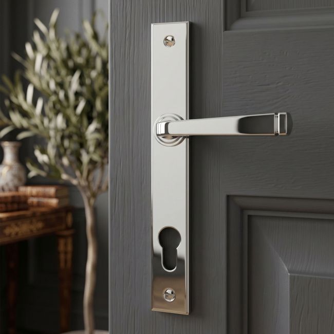 The Valen Lever Espagnolette Door Handle Set in Polished Stainless Steel Shown on a White Background with Handle to the Right