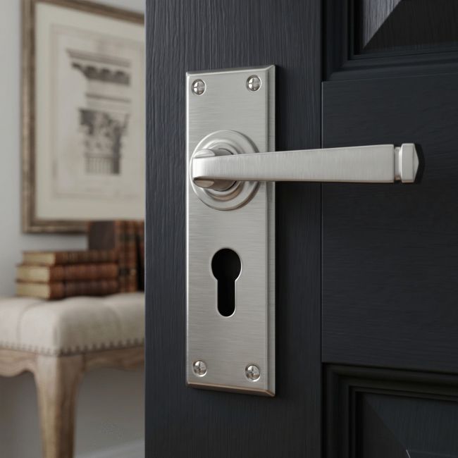 The Valen Lever Euro Lock Door Handle Set in Satin Stainless Steel Shown from the Front on a White Background