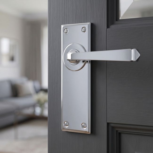 The Valen Lever Latch Door Handle Set in Polished Stainless Steel With Handle to The Right on a White Background