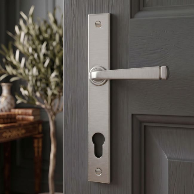 The Valen Slimline Lever Espagnolette Door Handle Set in Satin Stainless Steel Shown on a White Background with Handle to the Right