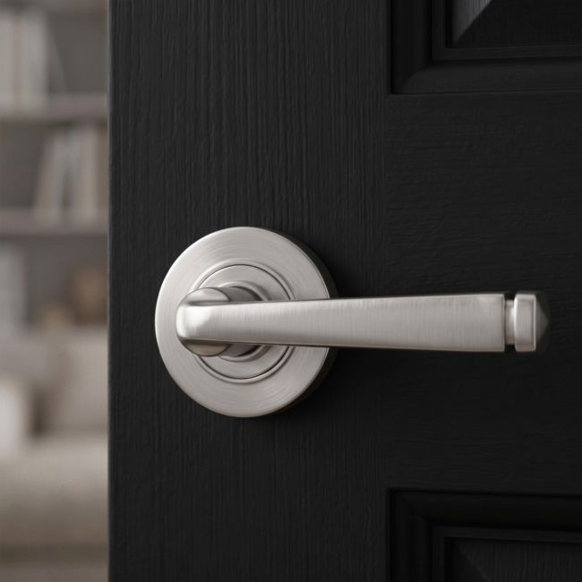 The Valen Tapered Sprung Handle Set on a Round Rose in Satin Stainless Steel Shown at an Angle on a White Background