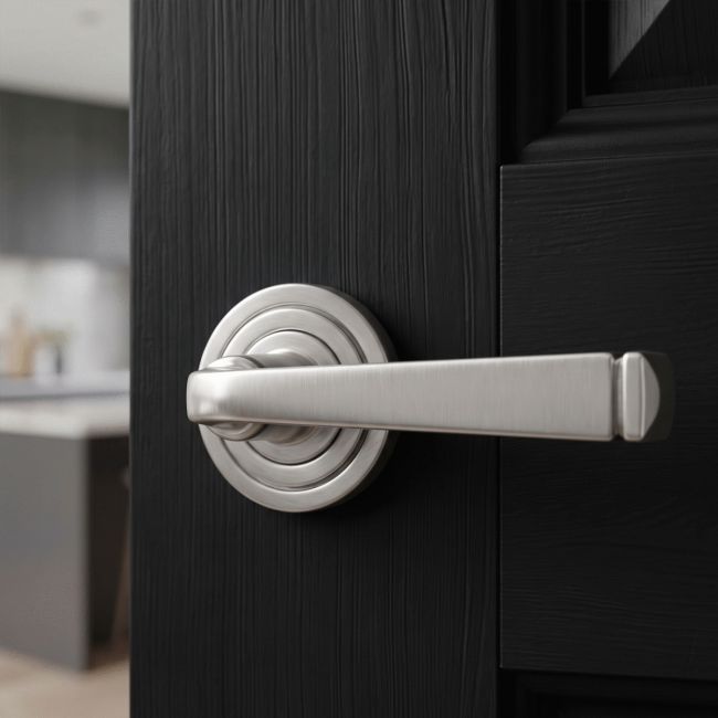 The Valen Tapered Sprung Handle Set on an Art Deco Rose in Satin Stainless Steel Shown at an Angle on a White Background