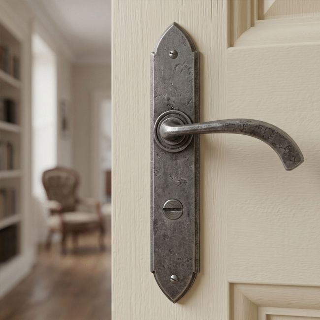Curved Pewter Medieval Lever Handle With Bathroom Lock