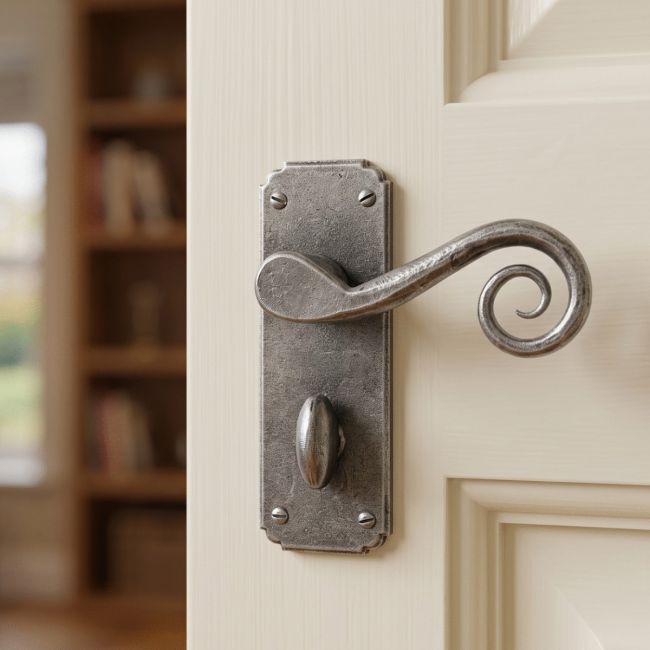 Antique Pewter Lever Handle With Bathroom Lock