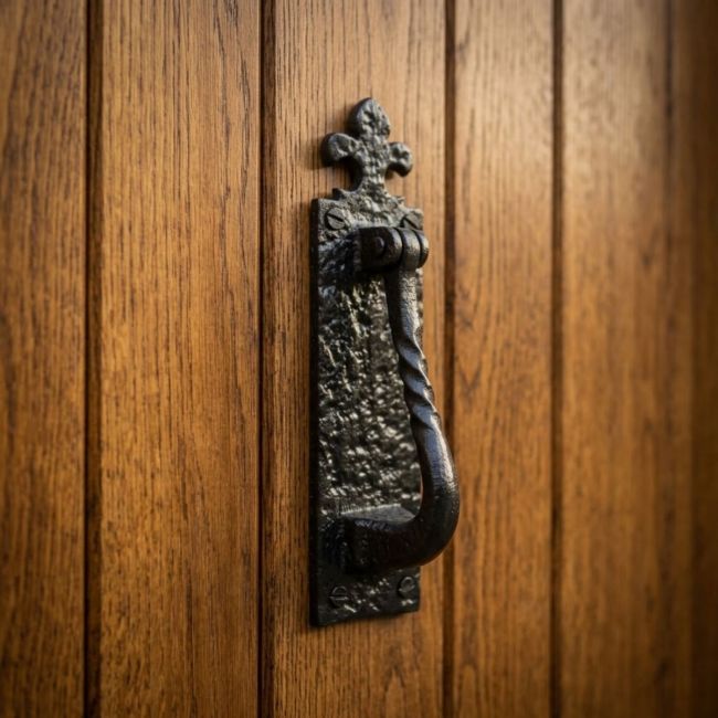 The Wellcroft Cast Iron Fleur de Lys Door Knocker on a Traditional Timber Foor Shown Close up - Digital Illustration