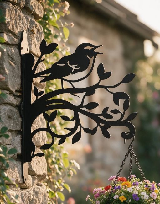 Wood Warbler on Branches Steel Hanging Basket Bracket