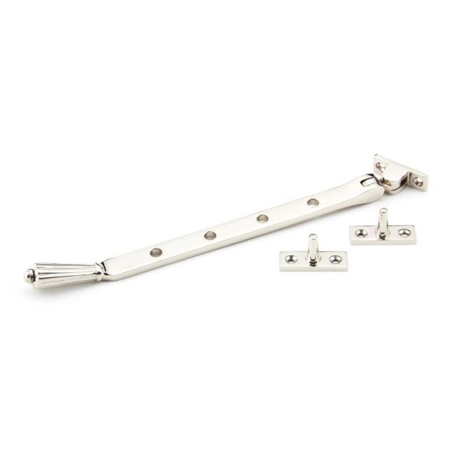 The 8 Inch Polished Nickel Georgian Reeded Casement Window Stay on a White Background 