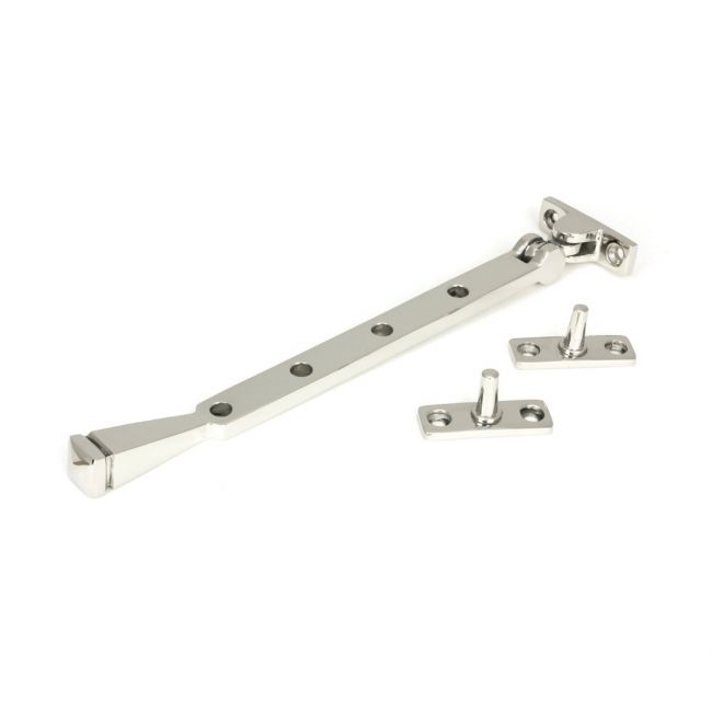 The 10 Inch Valen Casement Window Stay in Polished Stainless Steel Shown with Stay Pins on a White Background