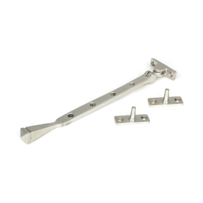 The 10 Inch Valen Casement Window Stay in Stainless Stainless Steel Shown with Stay Pins on a White Background