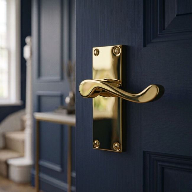 The Brass Victorian Scroll Door Handles - 115mm Lever Latch Pair on a White Background The Brass Victorian Scroll Door Handles - 115mm Lever Latch Pair on a White Background
