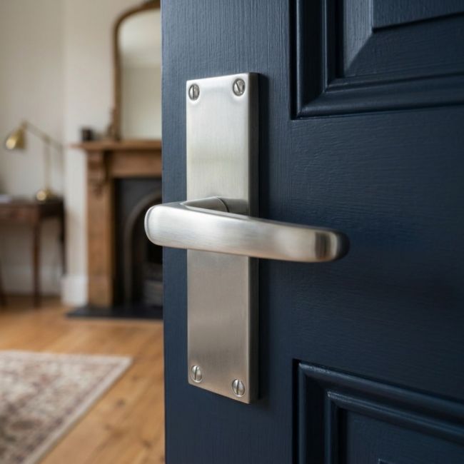 The Satin Chrome Victorian Straight Door Handles - 115mm Lever Latch Pair on a White Background