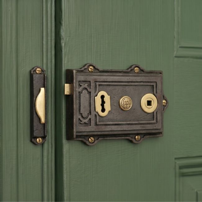 The 12.5cm Cast Iron & Polished Brass Ornate Rim Lock Mounted on a Green Wooden Door - Digital Illustration