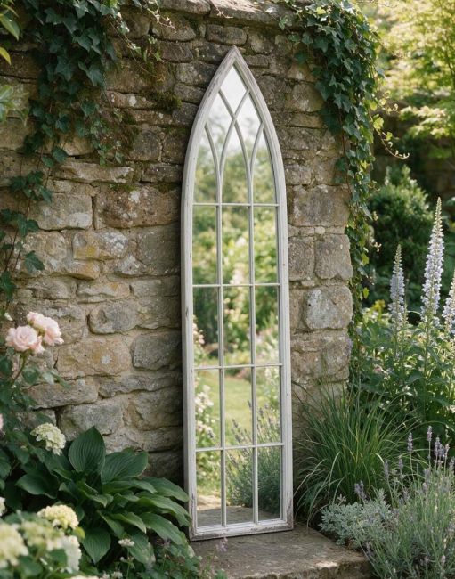 Digital Illustration of the White Arched Garden Mirror Leant Against a White Exterior Wall 
