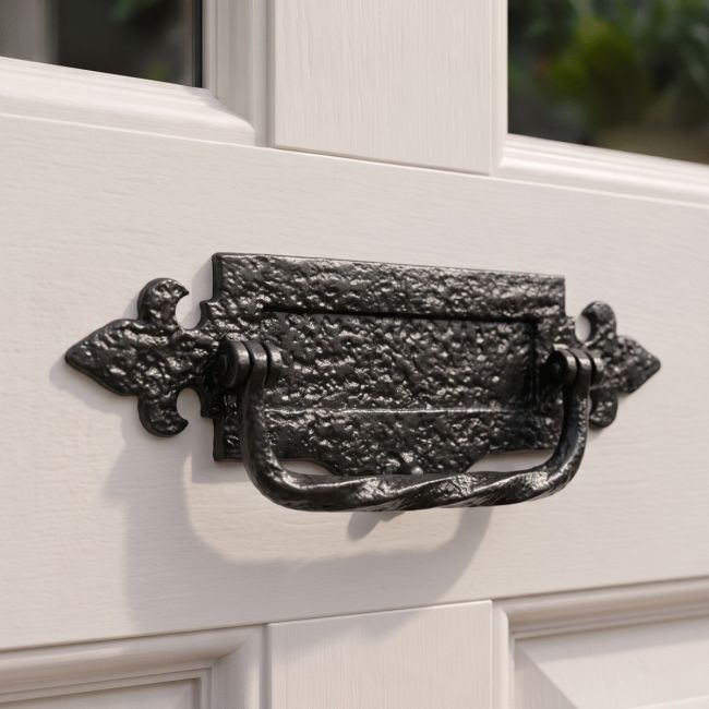 The 12 Inch Traditional Black Iron Fleur-De-Lys Letter Plate With Integral Knocker Mounted on a White Door Front Entrance - Digital Illustration The 12 Inch Traditional Black Iron Fleur-De-Lys Letter Plate With Integral Knocker Mounted on a White Door Front Entrance - Digital Illustration