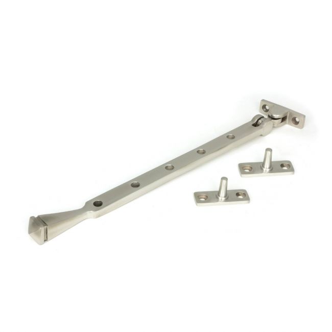 The 12 Inch Valen Casement Window Stay in Satin Stainless Steel Shown with Stay Pins on a White Background