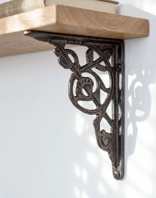 The 13 x 10cm Trellis Iron Shelf Bracket Mounted on a Cream Coloured Kitchen Wall in a Modern Home - Digital Illustration 
