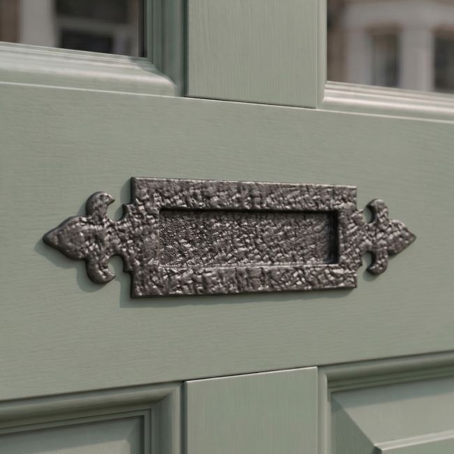 The 14¼" Antique Black Iron Fleur-De-Lys Inspired Door Letter Plate on a Sage Green Door to a Period Home - Digital Illustration The 14¼" Antique Black Iron Fleur-De-Lys Inspired Door Letter Plate on a Sage Green Door to a Period Home - Digital Illustration