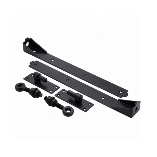 The 14 Inch Black Heavy-Duty Adjustable Hook and Band Hinge Kit - Driveway Gate Hinge Pair on a White Background The 14 Inch Black Heavy-Duty Adjustable Hook and Band Hinge Kit - Driveway Gate Hinge Pair on a White Background