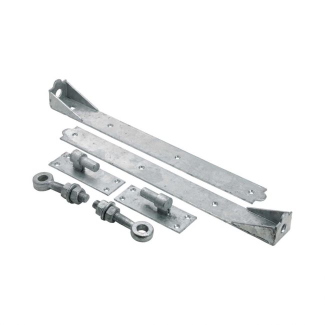 The 14 Inch Galvanised Heavy-Duty Adjustable Hook and Band Hinge Kit - Driveway Gate Hinge Pair on a White Background The 14 Inch Galvanised Heavy-Duty Adjustable Hook and Band Hinge Kit - Driveway Gate Hinge Pair on a White Background