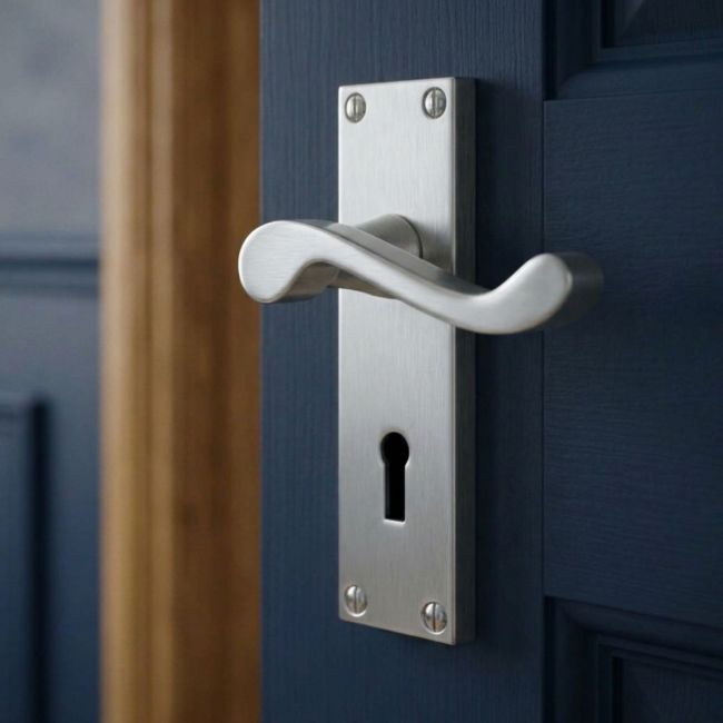 The Satin Chrome Victorian Scroll Lock Door Handles - 150mm Keyhole Lever Pair on a White Background