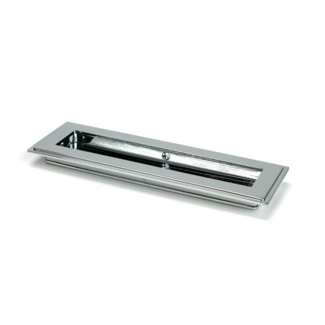 The 175mm Art Deco Rectangular Flush Pull Handle in Polished Chrome Shown at an Angle on a White Background