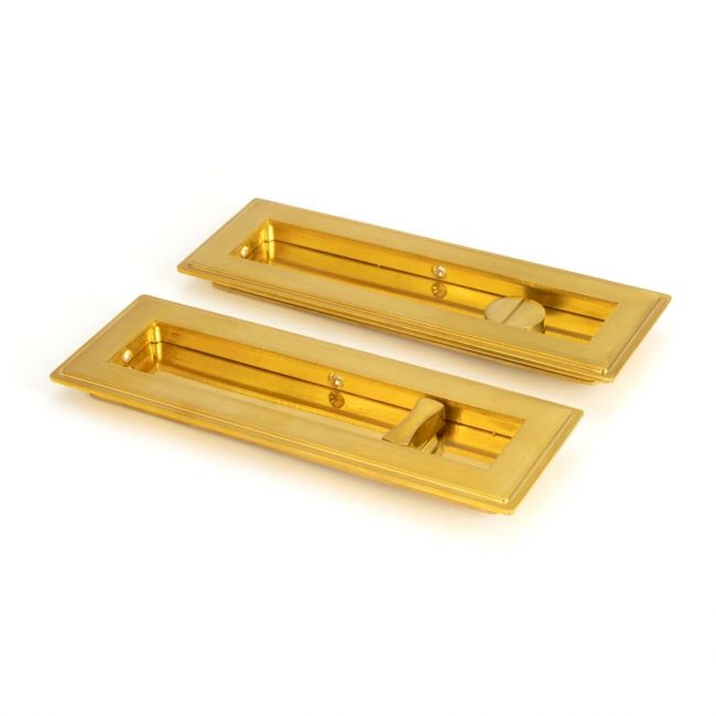 The 175mm Art Deco Rectangular Sliding Pocket Door Privacy Set in Polished Brass Shown on a White Background at an Angle