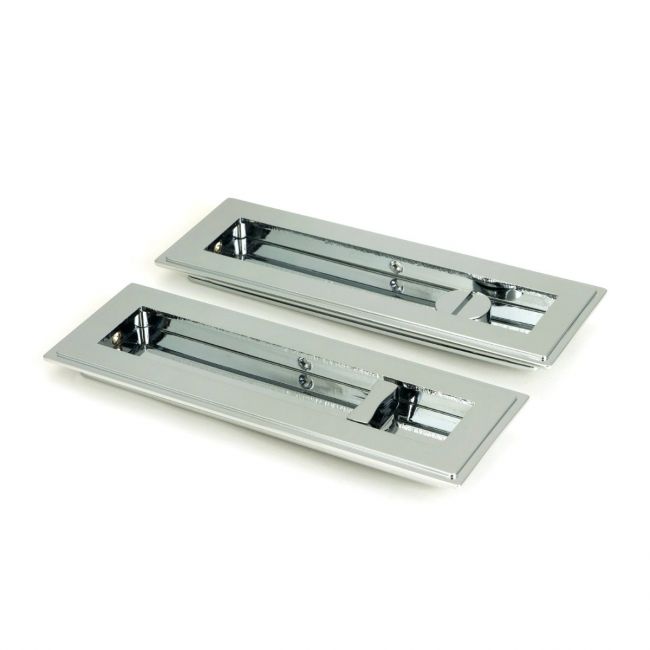 The 175mm Art Deco Rectangular Sliding Pocket Door Privacy Set in Polished Chrome Shown at an Angle on a White Background