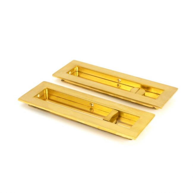 The 175mm Classic Rectangular Sliding Pocket Door Privacy Set in Polished Brass Shown on a White Background at an Angle