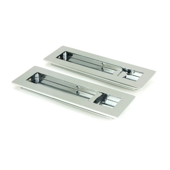 The 175mm Classic Rectangular Sliding Pocket Door Privacy Set in Polished Chrome Shown from an Angle on a White Background