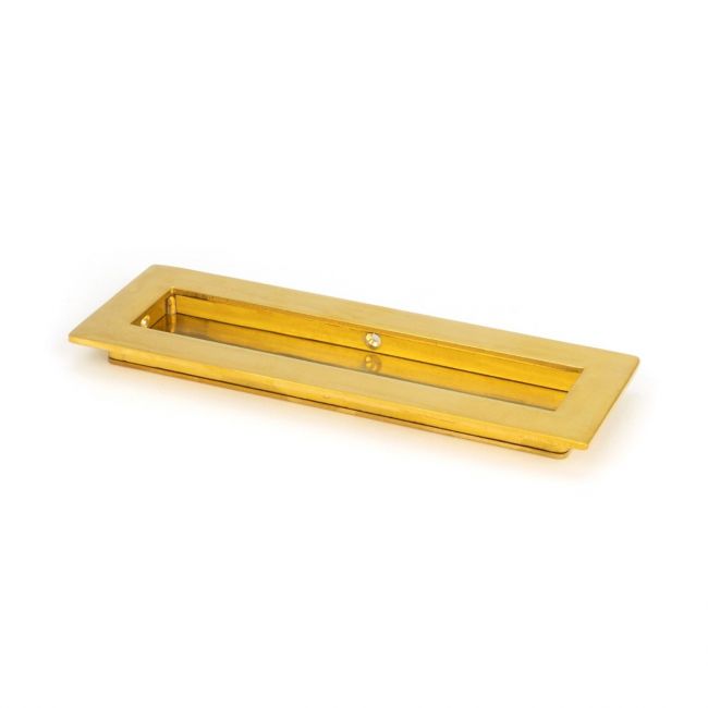 The 175mm Plain Rectangular Flush Pull Handle in Polished Brass Shown on its Side on a White Background