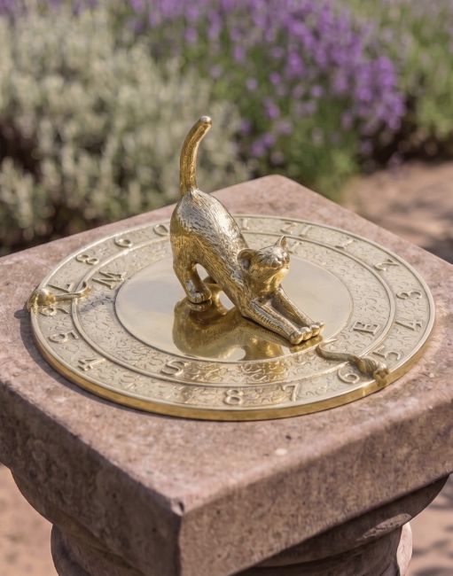 The 180mm Polished Brass Cat and Mouse Sundial Positioned in a Traditional Garden on a Stone Pillar - Digital Illustration The 180mm Polished Brass Cat and Mouse Sundial Positioned in a Traditional Garden on a Stone Pillar - Digital Illustration