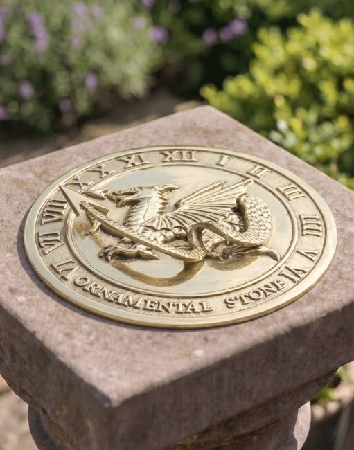 The 180mm Polished Brass "Welsh Dragon" Sundial Fitted on a Traditional Garden Pillar - Digital Illustration The 180mm Polished Brass "Welsh Dragon" Sundial Fitted on a Traditional Garden Pillar - Digital Illustration