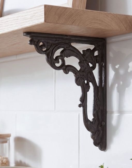 The 18 x 14cm Ornate "Victorian Amalina" Scroll Bracket Small in a Cast Iron Finish Mounted on a DIY Wooden Shelf in a Modern Kitch - Digital Illustration