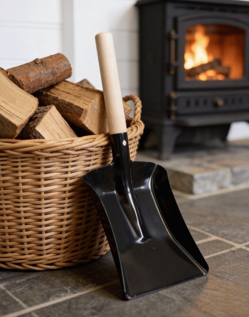 The 18cm Traditional Wooden Handle Shovel Leant Against a Log Basket in Front of a Log Burner Stove - Digital Illustration The 18cm Traditional Wooden Handle Shovel Leant Against a Log Basket in Front of a Log Burner Stove - Digital Illustration