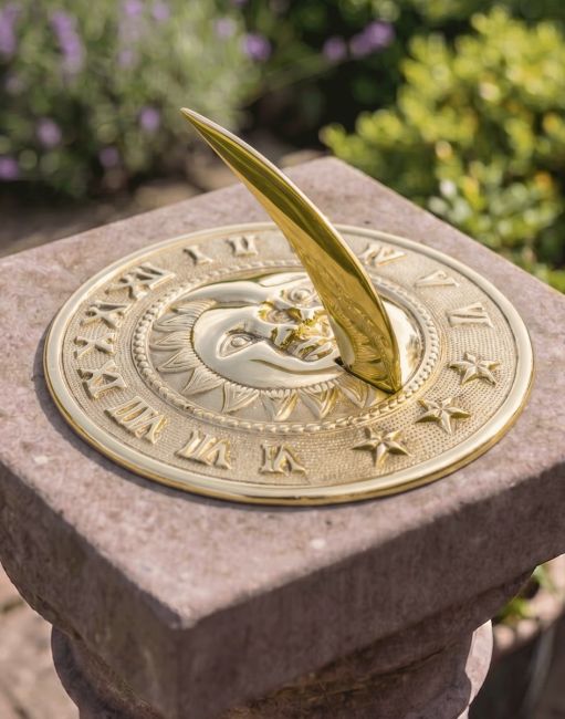The 195mm Polished Brass "Sun & Moon" Sundial on a sandstone Pillar in a Sunny Garden - Digital Illustration The 195mm Polished Brass "Sun & Moon" Sundial on a sandstone Pillar in a Sunny Garden - Digital Illustration