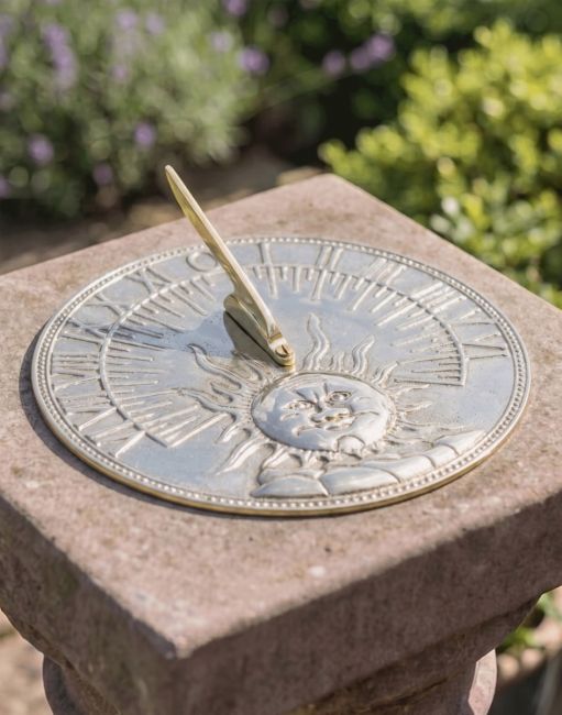 The 200m Polished Brass "Sunburst" Sundial on an Ornate Square Plinth in a Traditional Garden - Digital Illustration The 200m Polished Brass "Sunburst" Sundial on an Ornate Square Plinth in a Traditional Garden - Digital Illustration