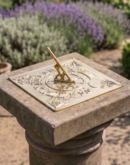 The 200mm Polished Brass "Four Seasons" Sundial Fitted onto a Stone Pillar in a Traditional Garden - Digital Illustration The 200mm Polished Brass "Four Seasons" Sundial Fitted onto a Stone Pillar in a Traditional Garden - Digital Illustration