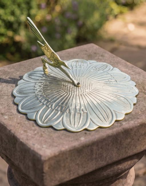 The 200mm Polished Brass "Sunflower" Sundial on top of a Traditional Stone Plinth in a Heritage Garden - Digital Illustration The 200mm Polished Brass "Sunflower" Sundial on top of a Traditional Stone Plinth in a Heritage Garden - Digital Illustration