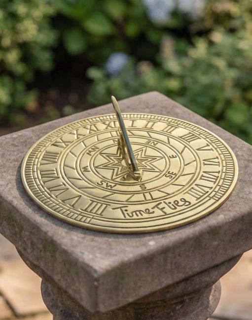 The 200mm Polished Brass "Time Flies" Sundial Mounted on a Pillar in a Beautiful Heritage Garden - Digital Illustration The 200mm Polished Brass "Time Flies" Sundial Mounted on a Pillar in a Beautiful Heritage Garden - Digital Illustration