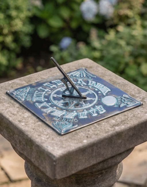 The 200mm Verdigris "Four Seasons" Sundial Mounted on a Classic Garden Plinth with Flowers in the Background - Digital Illustration The 200mm Verdigris "Four Seasons" Sundial Mounted on a Classic Garden Plinth with Flowers in the Background - Digital Illustration