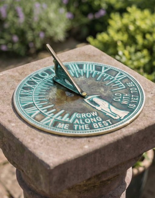 The 200mm Verdigris "Old Father Time" Sundial Mounted on a Stone Plinth in a Sunny Garden - Digital Illustration The 200mm Verdigris "Old Father Time" Sundial Mounted on a Stone Plinth in a Sunny Garden - Digital Illustration