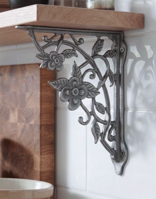 The 20 x 21cm Flowers and Vines Iron Shelf Bracket Mounted in a Contemporary White Tiled Kitchen - Digital Illustration